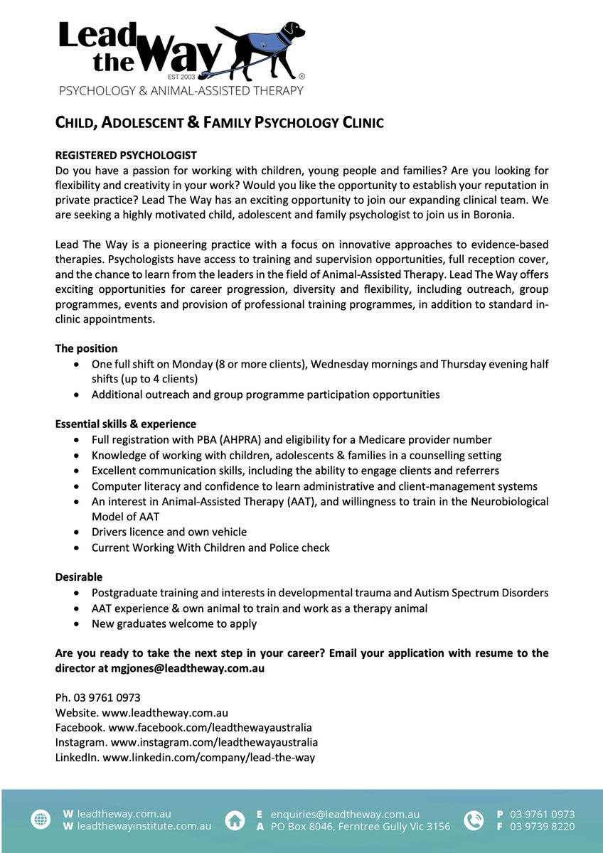 LeadTheWayAust's tweet image. Are you a #psychologist looking for an exciting career in #animalassistedtherapy? We have a position available at our clinic in Boronia (victoria).