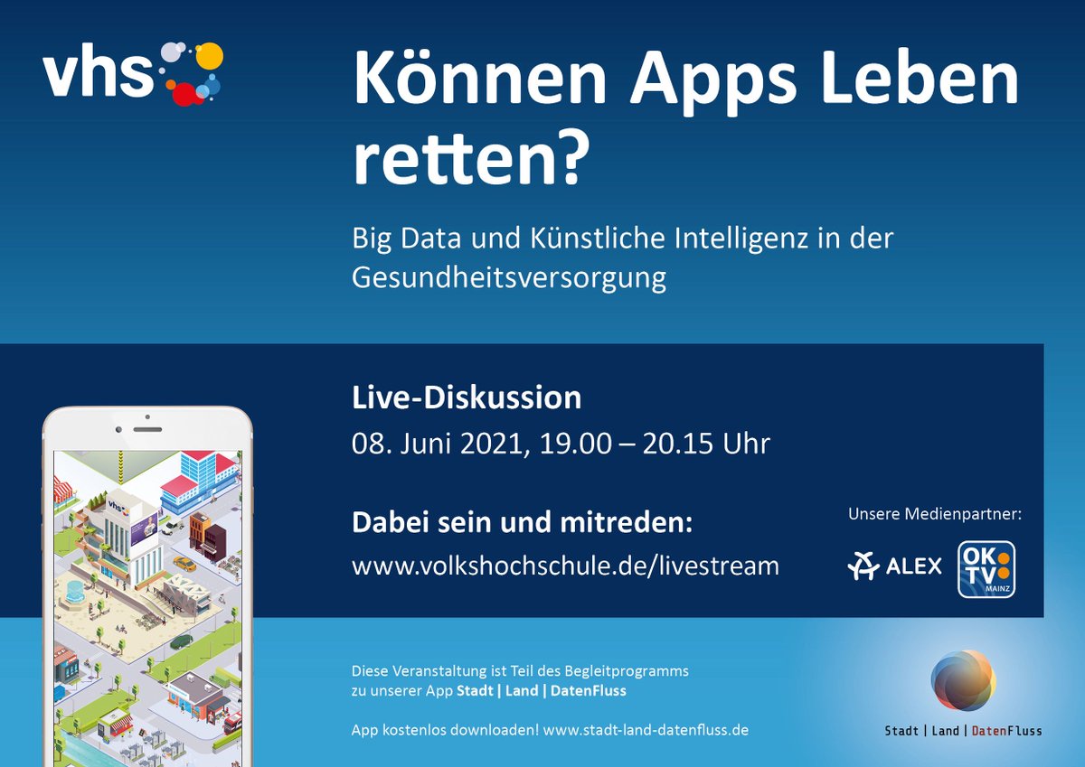 😷 Elektronische #Patientenakten, #Pflegeroboter, #Chips unter der Haut - #BigData und Künstliche Intelligenz #KI: Können #Apps Leben retten? Diesen Fragen stellen sich Experten im Livestream des <a href="/vhs_dachverband/">Deutscher Volkshochschul-Verband (DVV)</a> 🗓️ Di., 8.6.21, 19 Uhr 📌 Jetzt anmelden: buff.ly/3oPitAr