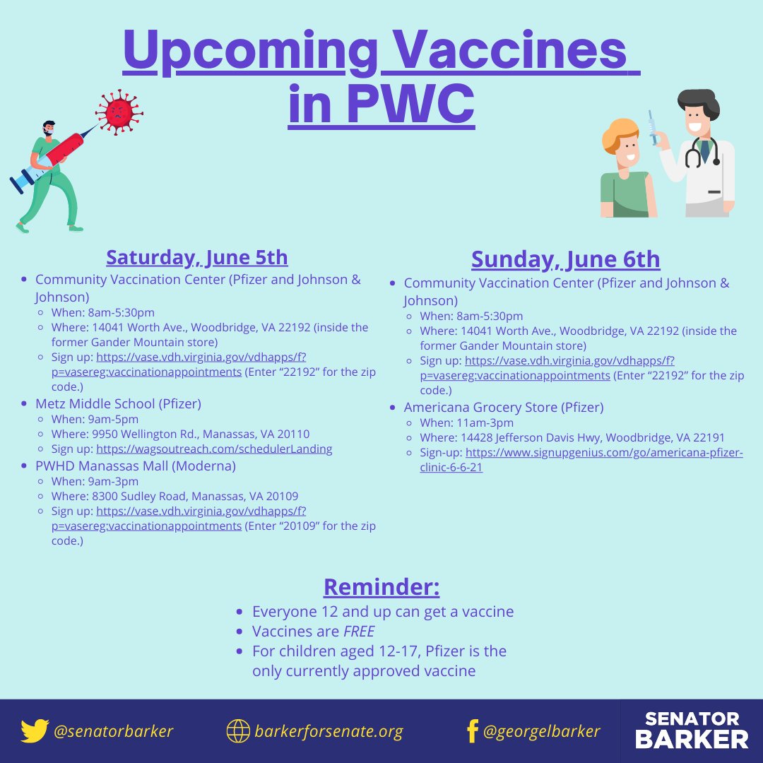This weekend, @PrinceWilliamHD has some vaccine opportunities for those who need to get vaccinated! If these dates and times don't work, you can find more appointments at vaccine.gov or text your zip code to GETVAX (438829)