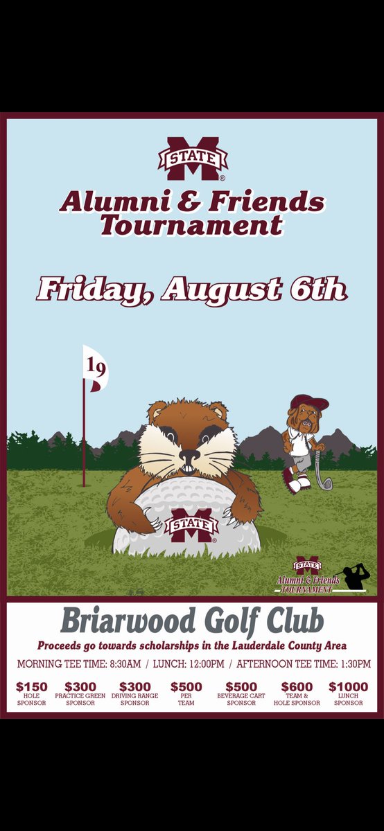 Getting ready for our big <a href="/MSStateAlumni/">Mississippi State Alumni</a> and Friends golf tournament on August 6th. Send me and email at william@bmgp.net if you’re interested in being a part of it! Looking forward to hosting <a href="/Madkin9/">Wayne Madkin</a> <a href="/TedDiBiase/">Ted DiBiase Jr.</a> <a href="/Fsmoot21SeanT/">Fred Smoot</a> <a href="/CamLaw10/">Cameron Lawrence</a> and hopefully <a href="/BWalkerSEC/">BFW</a>!