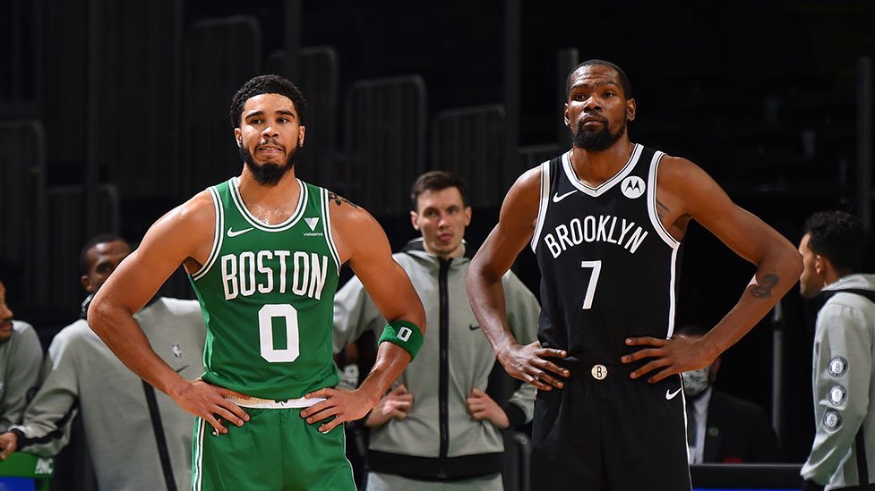 GuyBostonSports's tweet photo. Kevin Durant on his playoff battle with Jayson Tatum:

“I had series against Kobe, LeBron, Tim Duncan... Jayson Tatum is in that conversation now because he’s that elite level of player already at 23... It was an honor to play against him.” https://t.co/QQ7QDUIweP