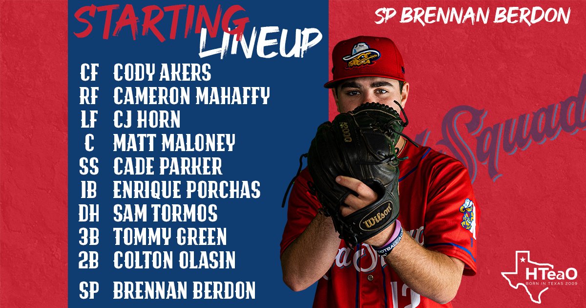 Here is tonight's HTeaO Starting Lineup! 

Brennan Berdon (<a href="/berdonbrennan/">Brennan Berdon</a>) of Connors State University takes the field for the Sod Squad!

Join us for postgame fireworks &amp; a 7:05 PM First Pitch!