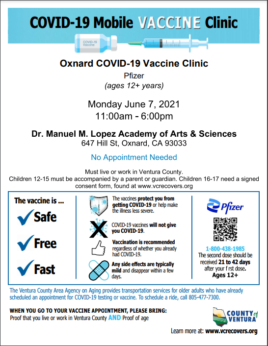 Mobile Vaccine Clinic for Ages 12years+
Clínica para la Vacuna COVID-19 12 años +
See flyers for details!!