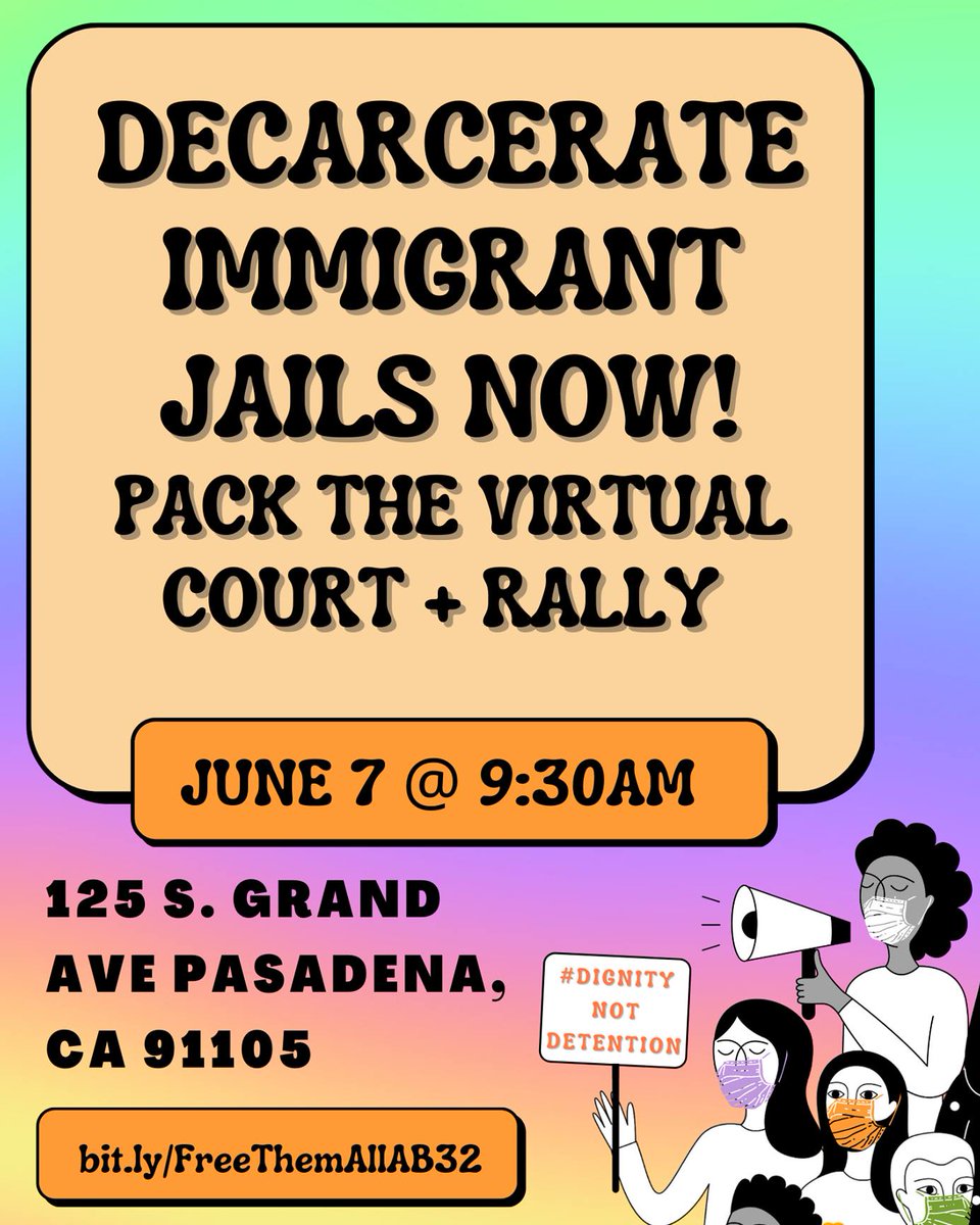 DetentionWatch's tweet image. 📢 Decarcerate Immigrant Jails NOW! Join us 6/7 for a hearing &amp;amp; rally to show support for CA’s AB32. The DOJ &amp;amp; GEO Group are challenging implementation of the law, which phases out contracts with private prison companies, including detention contracts.

 bit.ly/FreeThemAllAB32
