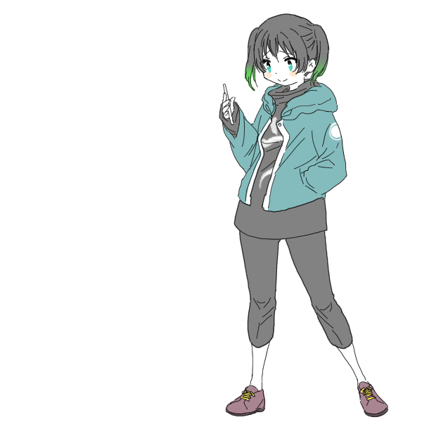 takasaki yuu 1girl solo twintails green hair gradient hair black hair hand in pocket  illustration images