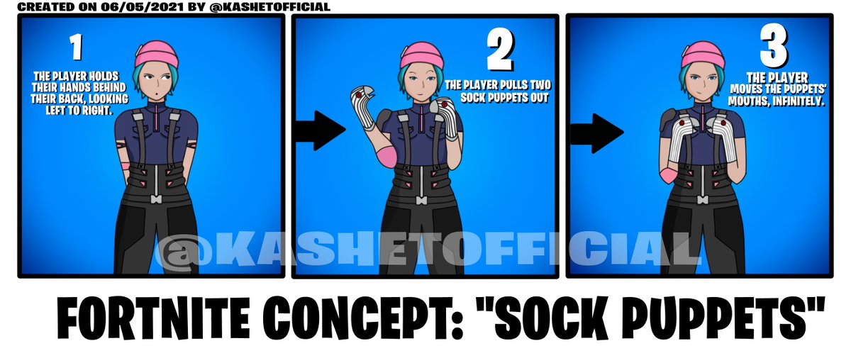 KashetOfficial's tweet photo. FORTNITE EMOTE CONCEPT

"SOCK PUPPETS"

This would be an Uncommon (Green) Tier emote which would go on continuously until stopped. 

#Fortnite #FortniteArt #FortniteConcept #art 
@FortniteGame @DonaldMustard #FortniteEmotes https://t.co/zmYcMCb65y