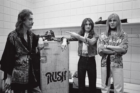 Rush backstage in Springfield, Massachusetts, 1976