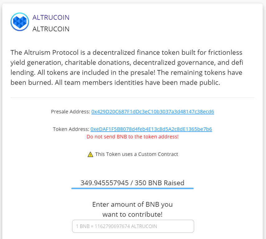 AltrucoinTeam's tweet photo. Our 350 BNB presale sold out in under 6 hours! #Altrucoin
#crypto #cryptocurrency #cryptocurrencies #blockchain #blockchainnews #trading #invest #investment #cryptonews #cryptotrading  #btc #Ethereum #money #Pancakeswap #safemoon #bitcoin #coinmarketcap #coingecko #dxsale https://t.co/E7xFl1Wp7i