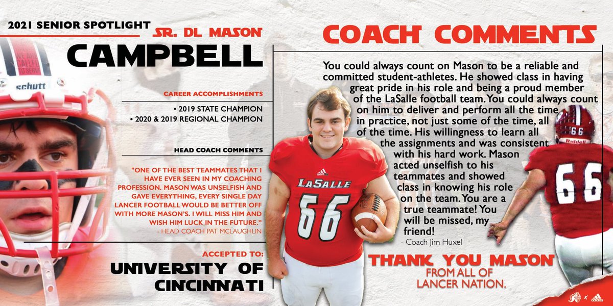 LS_LancerFB's tweet photo. 2021 Senior Spotlight
SR DL Mason Campbell
Thank you for 4 wonderful years, and good luck in the future! Keep striving for your dreams and keep working hard!
#STATEment17 ➡️ #Attack18 ➡️ #NoExcuses ➡️ #WWM https://t.co/A5qPHOjRET