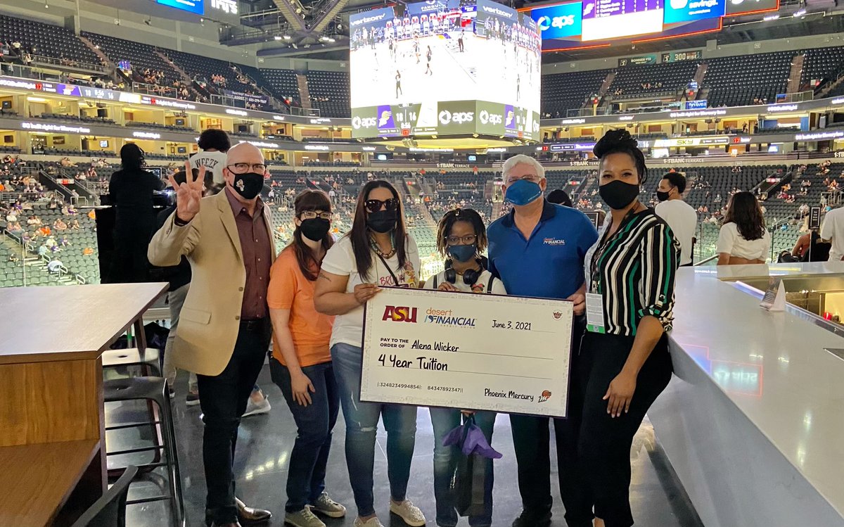 JeffMeshey's tweet photo. We surprised Alena (who is one of the youngest students to attend ASU) at the @PhoenixMercury game last night with full tuition coverage for four years at ASU. Many thanks to our partners at @ASU and the Mercury for helping us make this happen for Alena! https://t.co/cYJoVJFjFo