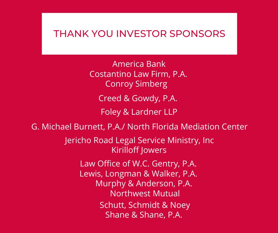 JWLAtweets's tweet photo. The Jacksonville Women Lawyers Association thanks our 2021 Judicial Reception Investor level sponsors. 

Interested in sponsoring a JWLA event? Check out our 2021 Judicial Reception Sponsors and learn more at https://t.co/3Mcn596pwv
#jwla #strongertogether #leadingbeyondlimits https://t.co/sW2zI1iC1N
