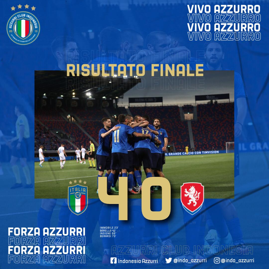 Full Time

🇮🇹 ITALIA 4-0 🇨🇿 Rep. Ceko

Gli azzurri sangat mendominasi jalannya pertandingan sejak menit awal, dalam kemenangan ini masing-masing gol dicetak oleh Immobile pada menit 23’, Barella 42’, Insigne 66’, &amp; dilengkapi dengan gol Berardi di menit ke 73’.