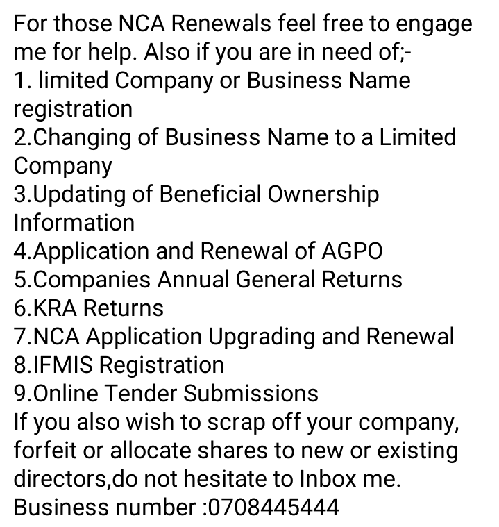 Ms_Waruguru's tweet photo. To all the Kenyan contractors who have not renewed their NCA practicing licence;
#businessowner #SupportSmallBusinesses 
#ShameOnIsrael #MasculinitySaturday #TweetForATree #JudgesAppointed #Judiciary https://t.co/D4BM4al6mf