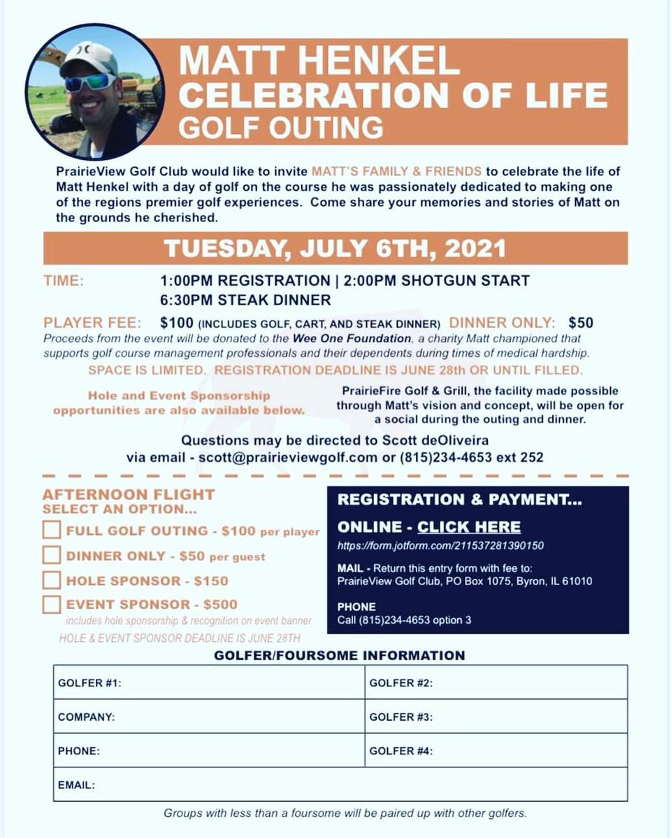 Click on link below to sign up for <a href="/mphturf_79/">Matt Henkel</a> celebration of life outting. Proceeds will go to <a href="/wee1foundation/">Wee One Foundation</a> which Matt held near n dear to his heart They helped his family multiple times. Sign up or vendors sponsor this great day for a great human!!
 form.jotform.com/211537281390150