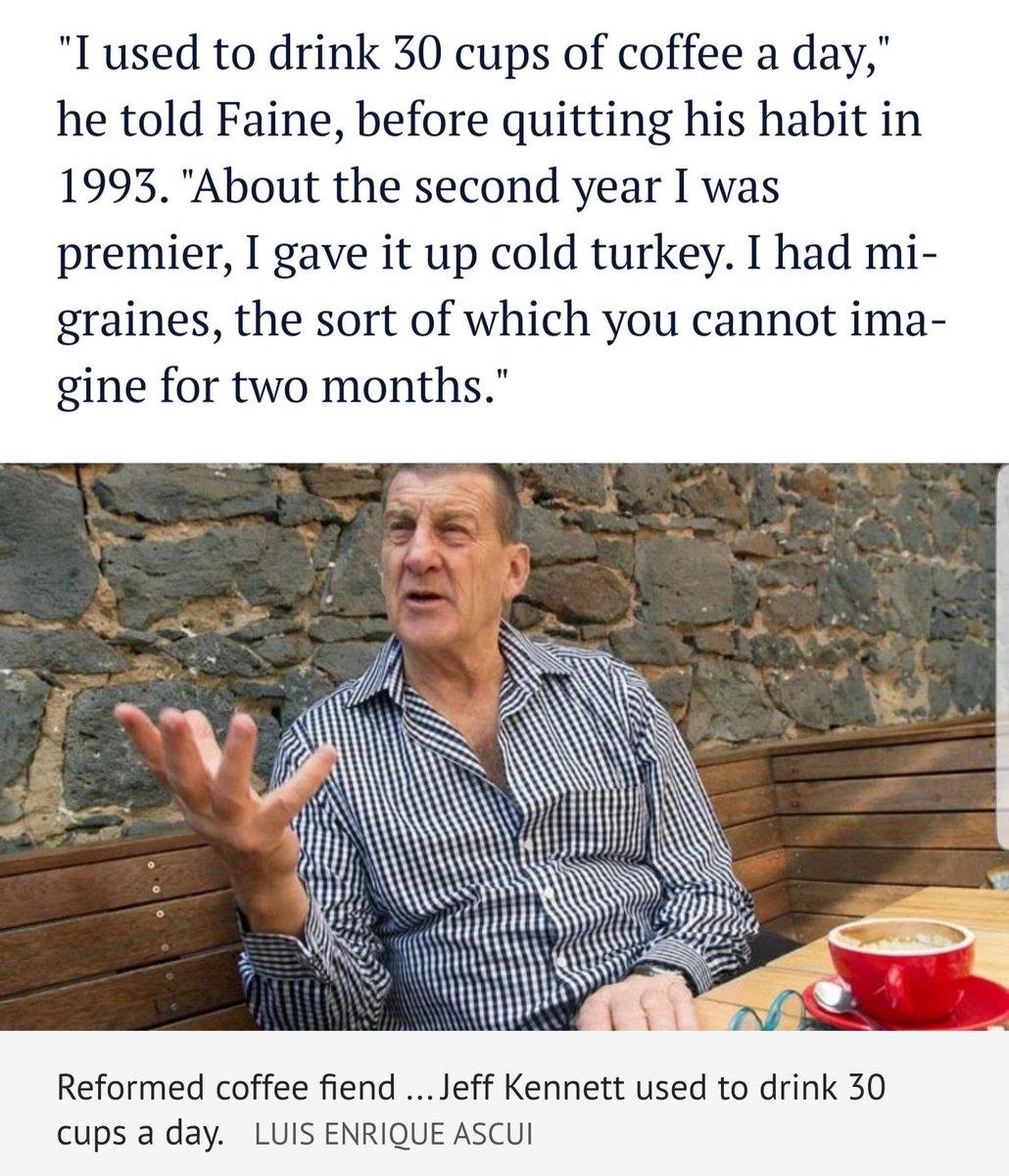 Simmo (@simmo_melb89) on Twitter photo Hey <a href="/jeff_kennett/">Jeff Kennett</a>,
A few of us are discussing how you "used to drink 30 cups of coffee a day" & are curious as to the details.
Say you got 6 hours sleep per night, that means in 18 waking hours = a ☕ every 36 minutes. Is that about right?
How long before bed was your last ☕? Hey <a href="/jeff_kennett/">Jeff Kennett</a>,
A few of us are discussing how you "used to drink 30 cups of coffee a day" & are curious as to the details.
Say you got 6 hours sleep per night, that means in 18 waking hours = a ☕ every 36 minutes. Is that about right?
How long before bed was your last ☕?