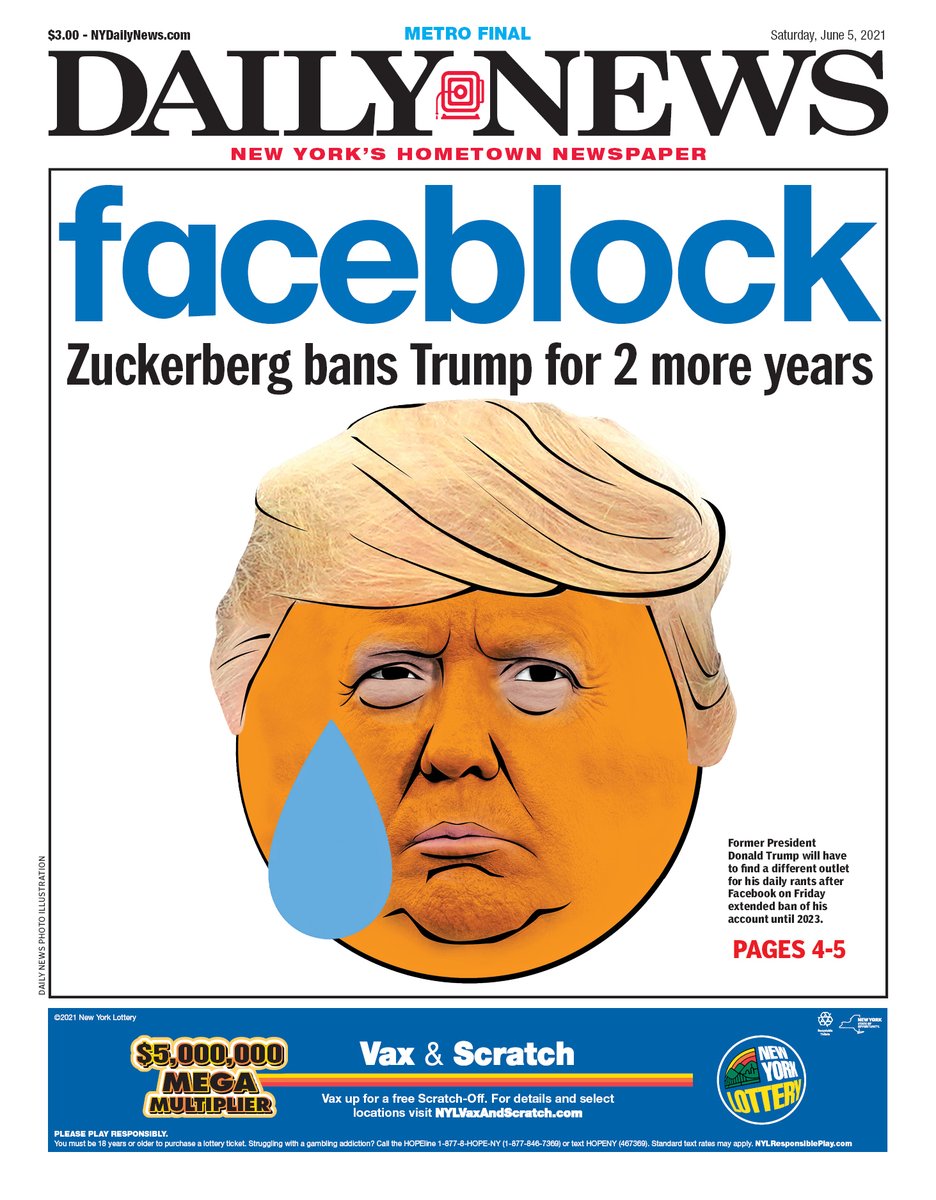 New York Daily News on Twitter: "FACEBLOCK Zuckerberg bans Trump for 2 more years https://t.co/jufyK195gQ… "