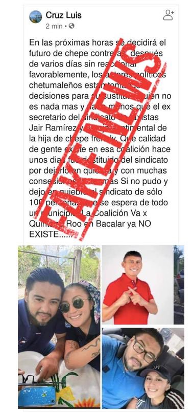 AlertaFakeNews_'s tweet photo. 🚨#FakeNews |Circula en #Bacalar información falsa sobre la condición de salud del candidato a la presidencia municipal José Alfredo Contreras "Chepe" y una supuesta decisión política en plena veda electoral.

Estos rumores totalmente ❌#Falsos 
No te dejes engañar y verifica🕵️🕵️‍♂️ https://t.co/mtwVHB5gwT