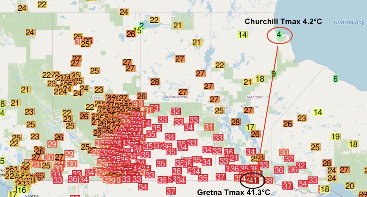 ThierryGooseBC's tweet photo. 🥵 Exceptional #heat today in southern #Manitoba 🇨🇦 with up to 41.3°C in Gretna, 40.6°C in Emerson &amp; 40.4°C in Morden.
➡️ 1st 40°C in MB since 1989.
➡️ Highest temp. in MB since Aug. 1988 (41.5°C in Starbuck).
➡️ Possibly a new national record for the 1st decade of June.
#MBstorm https://t.co/rMgCwcbm1o