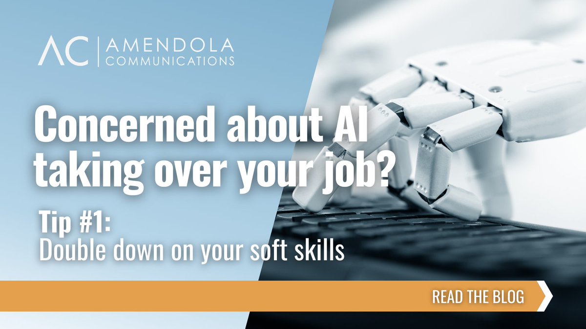 AmendolaComm's tweet photo. Are you a #PRPro concerned about #AI taking over your job? Double down on your soft skills:
Professions that require a tremendous amount of #empathy and #HumanInteraction are among those least likely to be automated.
https://t.co/ok3VtOneck I #AmendolaBlog #AI https://t.co/BrTmA7svDw