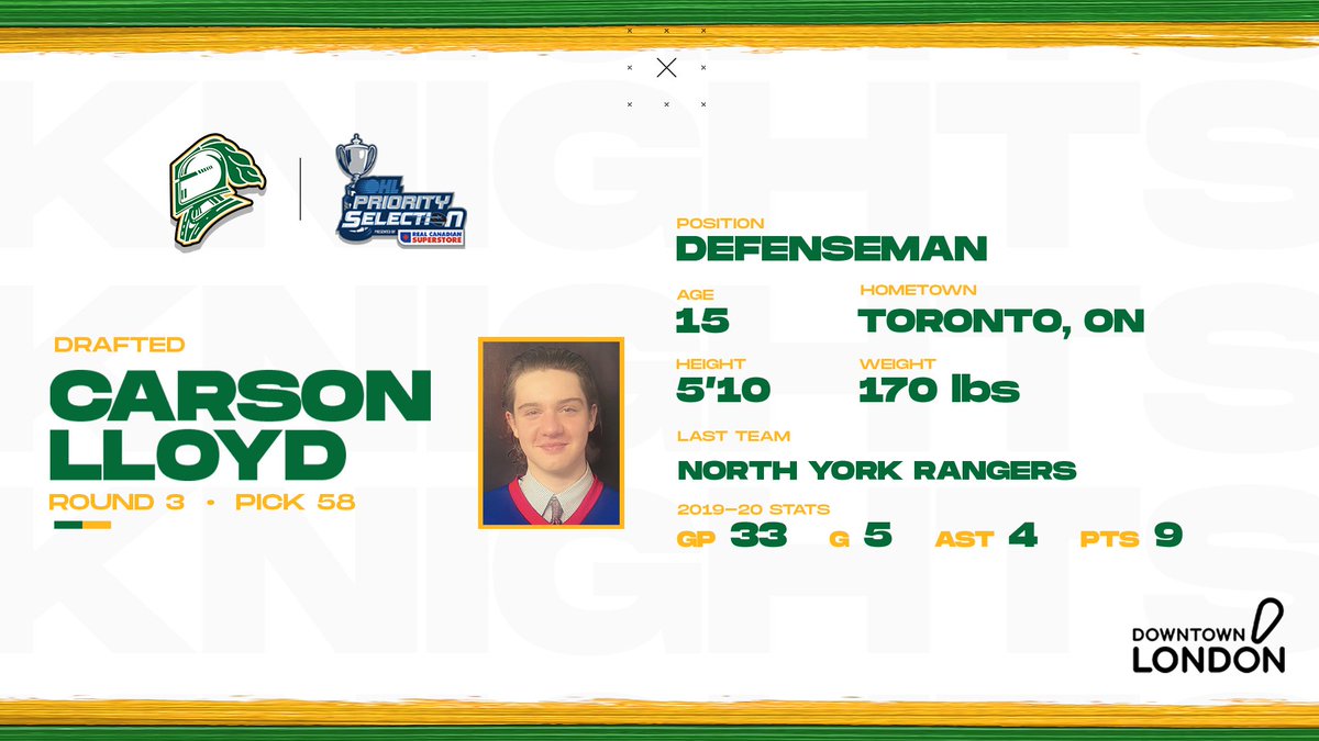 The London Knights are proud to select Carson Lloyd with the 58th pick in the #OHLDraft, locally presented by <a href="/Downtown_London/">Downtown London</a> ⚔️