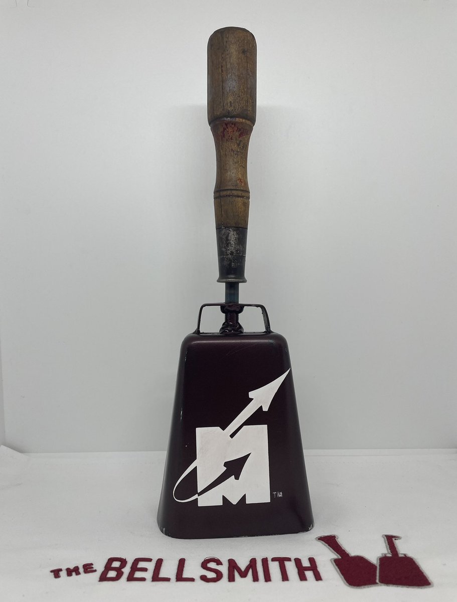 thebellsmith's tweet photo. We got to deliver this beautifully aged bell with the #FlyingM and antique wooden screwdriver handle. Antique tool handles are our favorites to use. #HailState #Cowbell #Bellsmith https://t.co/XmEEFIpNQh