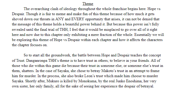 AdamCakehat's tweet photo. Hello, a little update on the Danganronpa essays I'm writing, I'm five pages in for the very first chapter of Trigger Happy Havoc and I'm not even half way through the themes. This is gonna take longer than I thought. Here's some samples of the what I've wrote so far. https://t.co/SoFZhAdV9K