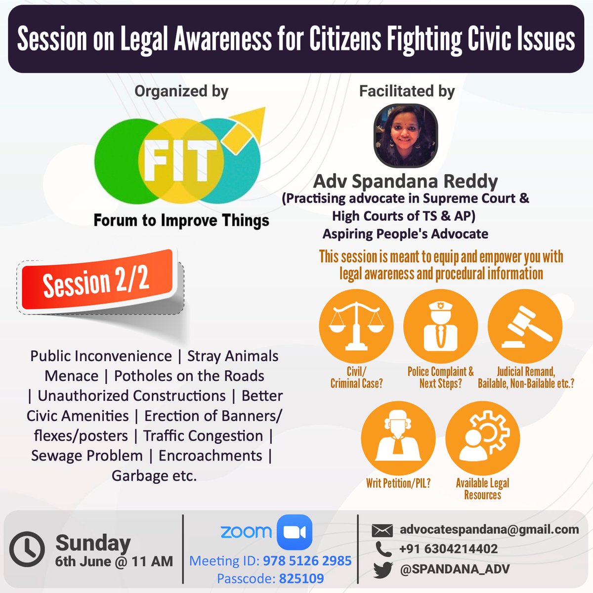 FIT (@fithyd) on Twitter photo Pleased to announce 2nd part of the session on legal awareness for citizens fighting Civic issues by Advocate Spandana Reddy <a href="/Spandana_Adv/">Advocate Spandana Reddy</a>, a FIT member, on 6th June 11am to empower all with legal awareness and procedural information. Please join and spread the word. Pleased to announce 2nd part of the session on legal awareness for citizens fighting Civic issues by Advocate Spandana Reddy <a href="/Spandana_Adv/">Advocate Spandana Reddy</a>, a FIT member, on 6th June 11am to empower all with legal awareness and procedural information. Please join and spread the word.