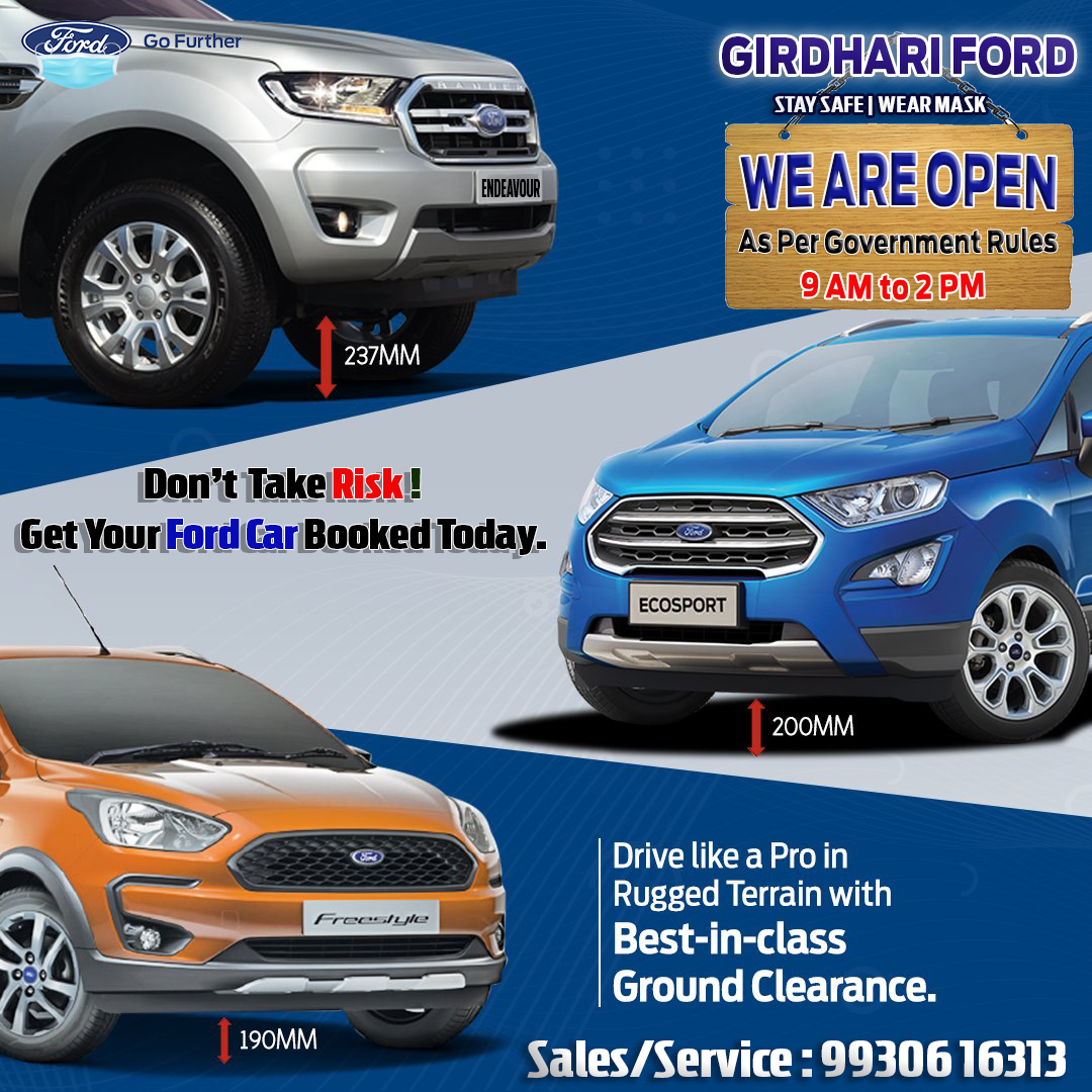 girdhariford's tweet photo. #FordCars | With High Ground Clearance #Endeavour , #Freestyle , #Ecosport is ruling Every type of Road.
#WaitOver!
WE ARE OPEN | 9 AM to 2 PM
Don't Take Risk ! Get Your Ford Car booked Today.
For any Detail/Enquiry, #Call : 9930616313
Log On : https://t.co/mnOqlGv3Vc
@Ford https://t.co/9XL2WODdhJ