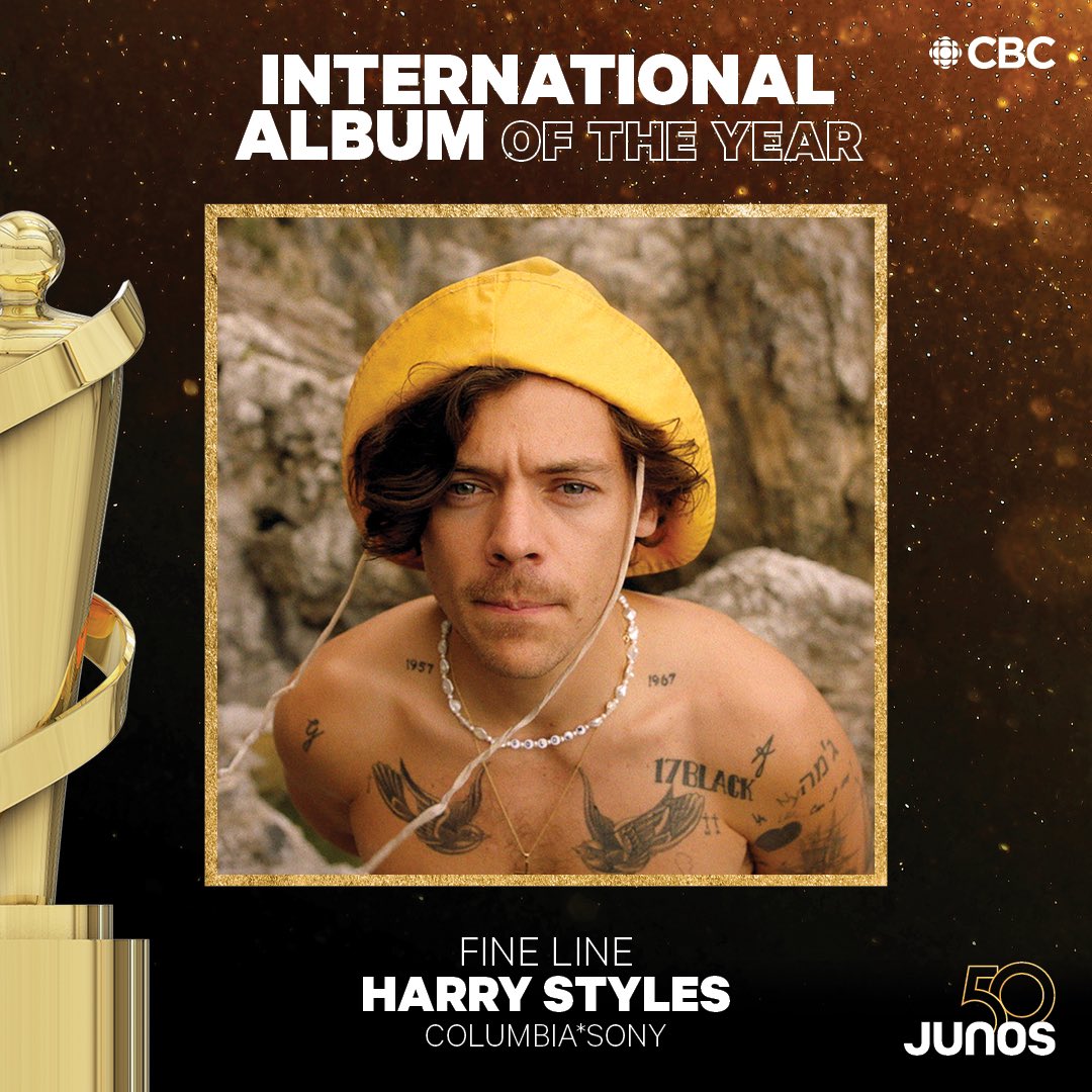 With1DNews's tweet photo. 'Fine Line' won International Album Of the Year at this years @TheJUNOAwards 

Congrats @Harry_Styles! https://t.co/zGATV6fNQ6