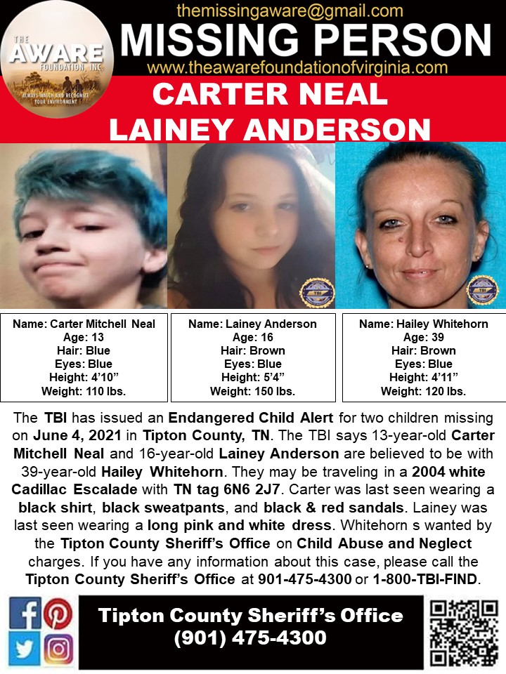 aware_the's tweet photo. ***ENDANGERED CHILD ALERT*** The TBI has issued an Endangered Child Alert for two children missing in Tipton County, TN. The TBI says 13-year-old Carter Mitchell Neal and 16-year-old Lainey Anderson are believed to be with 39-year-old Hailey Whitehorn.  @TBInvestigation https://t.co/mHHhbUmkpQ