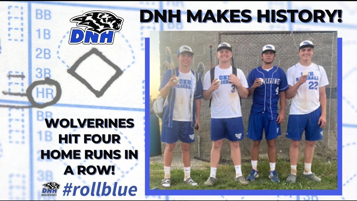 DNH MAKES HISTORY! In Game 1 of a DH against Hudson, @DNHBaseball hit 4 home runs in a row! Zak Wauters hit a grand slam followed by a HR by Gus Varney, then Nick Reinicke &amp; Wil Textor. Varney hit 2 more home runs in Game 2. DNH won both &amp; is now 8-2. #rollblue <a href="/IHSAA/">IHSAA</a>