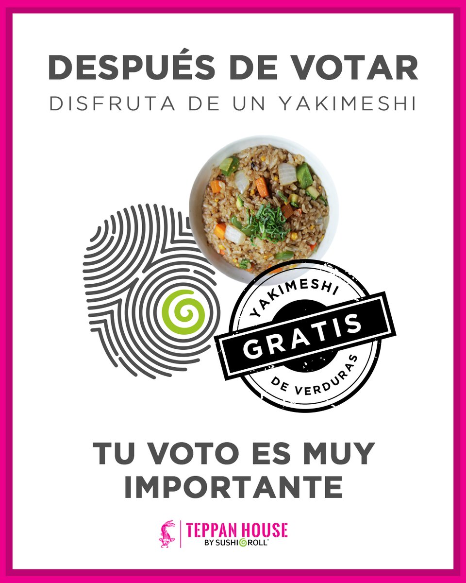 TeppanHouseMX's tweet photo. Este domingo 6 de junio, te regalamo un yakimeshi de verduras, solo muestra tu dedo marcado de que asististe a votar. 🗳 ¡Te esperamos! 🖤
NO HAY CONSUMO MÍNIMO
Aplica un yakimeshi por persona
Aplica de la apertura al cierre de la sucursal
No aplica a domicilio, ni para llevar https://t.co/6b6ActIH63