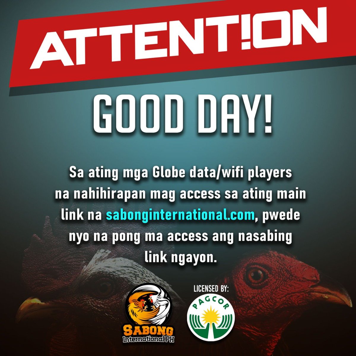 Good news to all players using Globe Data/Internet. Now you will be able to access Sabong International main website/app. Talpak na!!