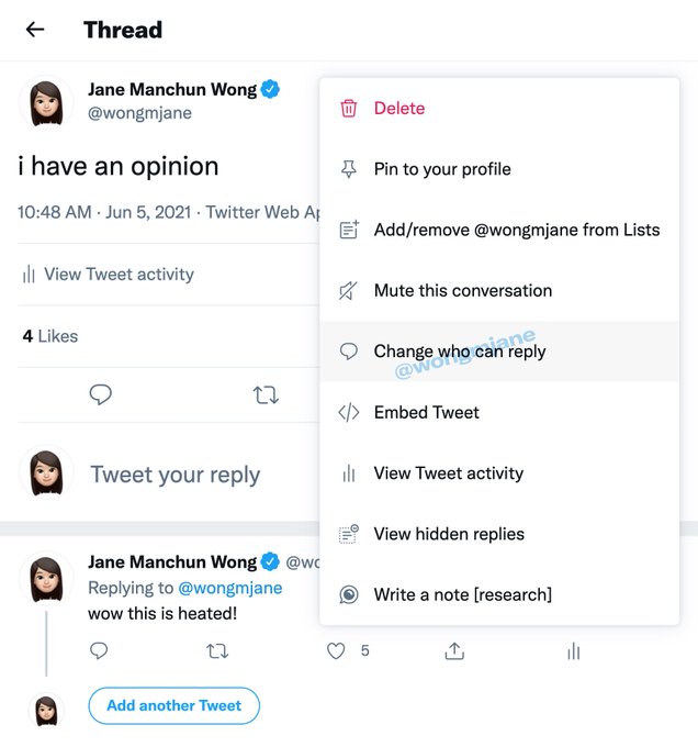 In this prototype, the “Change who can reply” option is available as a menu item in the tweet context menu
