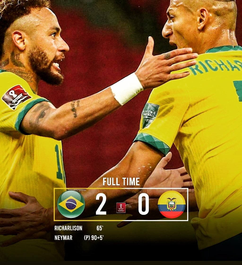 socceroliz's tweet photo. Brazil defeated Ecuador in south america qualifer for FIFA 2022 with goals from Richarlison and Neymar
#Neymar #Brazil #brazilfootball #BrazilvsEcuador https://t.co/AJK7n2cSOi