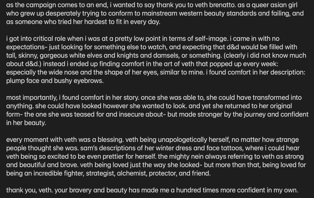 vethiest's tweet photo. (cont.) a clumsy but sincere letter of thanks to veth, the brave:
#criticalrole (spoiler free! at least for c2e141.) https://t.co/ZNuQS8wTSO