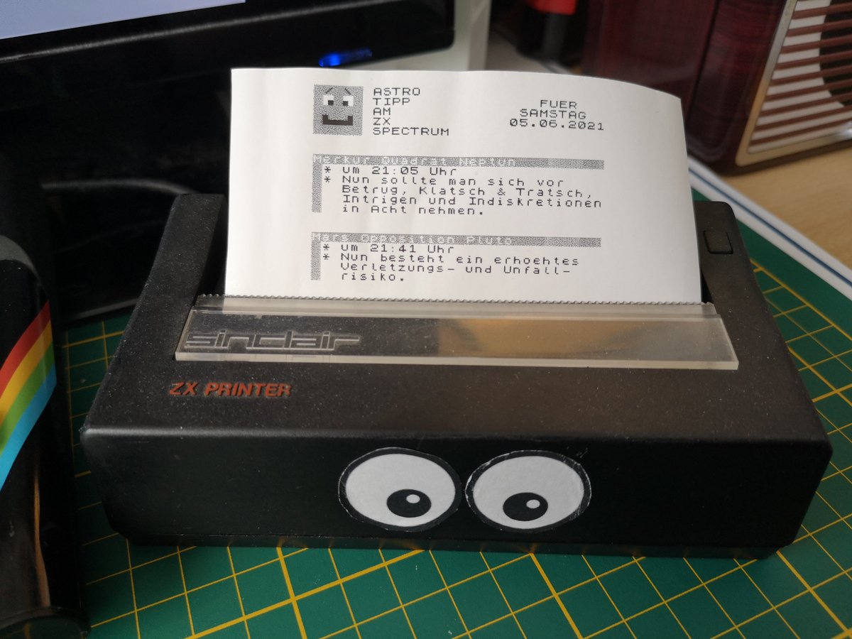 10 PRINT "Transite fuer Sa. 05.06.2021" 
20 PRINT "* Merkur Quadrat Neptun um 21:05 Uhr" 
30 PRINT "* Mars Opposition Pluto um 21:41 Uhr" 
40 GOTO bit.ly/3vXuFle
50 GOTO bit.ly/3z75f6H
60 REM #Astroschau #Astrologie #Horoskop #ZXSpectrum
70 END