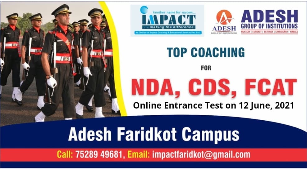 AdeshGroup's tweet photo. Get coaching for NDA, CDS and FCAT with top Institutions #IMPACT at #AdeshFaridkotCampus.
Online entrance test on 12 June, 2021.
For more information you may contact: 75289 49681, impactfaridkot@gmail.com
#AdeshGroup #faridkotcampus #impact #coaching #nda #cds #fcat #services https://t.co/6B3G9BuN3E