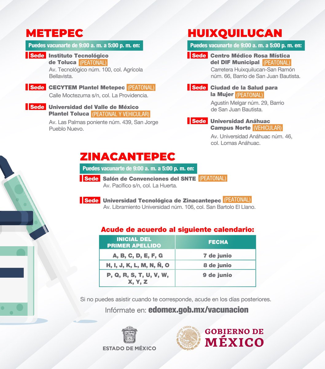 alfredodelmazo's tweet photo. Del 7 al 9 de junio estaremos aplicando la primera dosis a los adultos de 40 a 49 años y mujeres embarazadas en #Metepec, #Huixquilucan y #Zinacantepec. #EstrategiaDeVacunación https://t.co/u4mBc2piHN