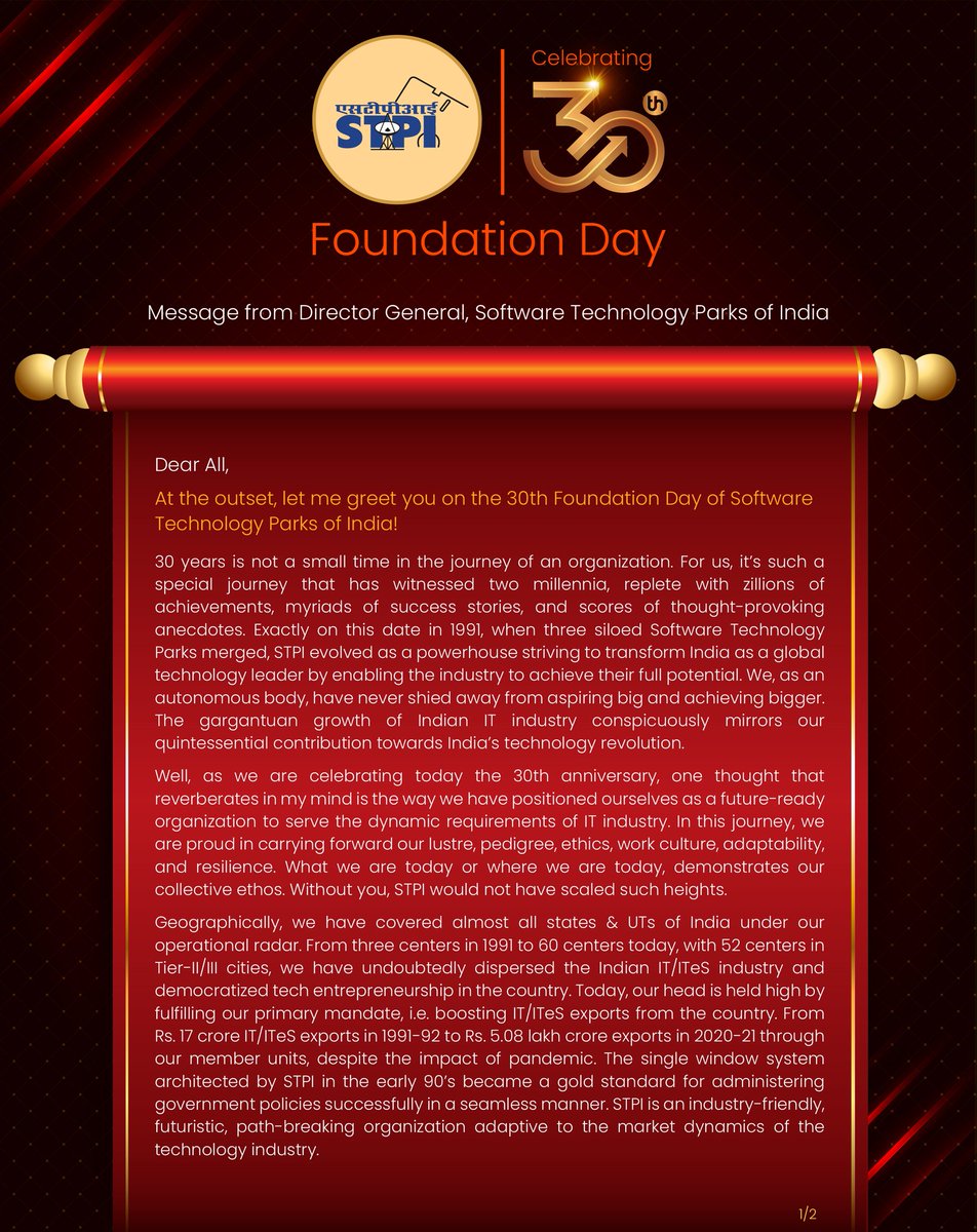 stpiindia's tweet photo. Celebrating the 30th #STPIFoundationDay to commemorate the transformational role of STPI in nurturing the Indian IT industry since its inception. Here is a thought-provoking message from Dr. @Omkar_Raii, DG, #STPIINDIA. #STPIat30 @GoI_MeitY @RSPrasad @SanjayDhotreMP https://t.co/ZiEFdjzsPn