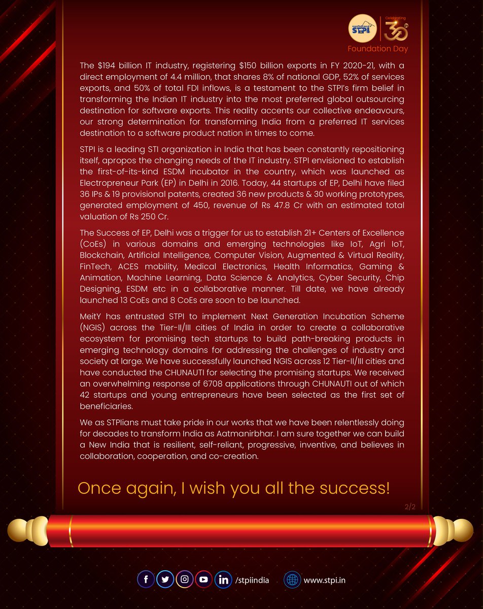 stpiindia's tweet photo. Celebrating the 30th #STPIFoundationDay to commemorate the transformational role of STPI in nurturing the Indian IT industry since its inception. Here is a thought-provoking message from Dr. @Omkar_Raii, DG, #STPIINDIA. #STPIat30 @GoI_MeitY @RSPrasad @SanjayDhotreMP https://t.co/ZiEFdjzsPn