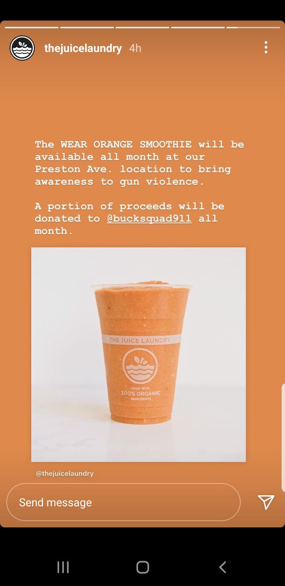 .<a href="/TheJuiceLaundry/">The Juice Laundry 🌱</a> is selling its #WearOrange smoothie at the Preston Avenue location in #Charlottesville to benefit <a href="/bucksquad911/">Buck Squad</a>!
