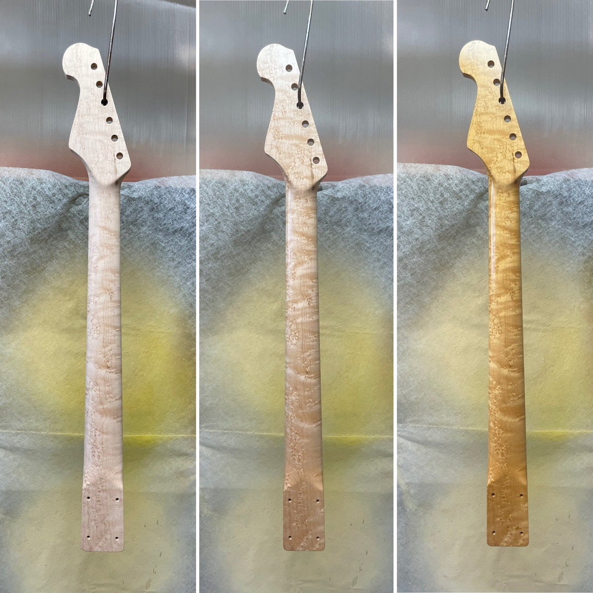 貴重な晴れ間。絶好の塗装日和。 バーズアイメイプルネックは、左から