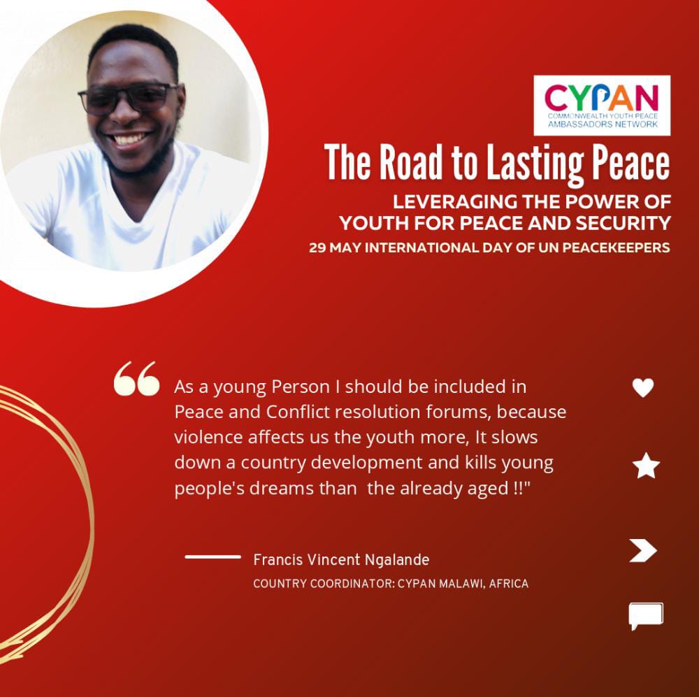 #PKDay
#YouthPeaceSecurity
#CypanMw
#CommonwealthYouthPeaceAmbassadorsNetwork
#UNPeacekeeping
 <a href="/UNPeacekeeping/">UN Peacekeeping</a>
@CYPANOFFICIAL
<a href="/CYPANMw/">Commonwealth Youth Peace Ambassadors Network Mw</a>