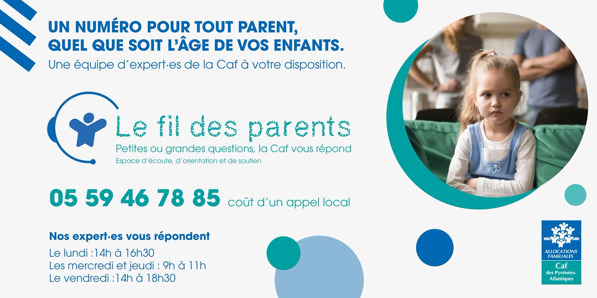 Caf64_actus's tweet photo. | LE FIL DES PARENTS | La plateforme d'écoute et de soutien à la #parentalité par la @Caf64_actus au 05.59.46.78.85 ☎
👨👦Vous êtes parent ?
Nos expert·es vous répondent :
🗓️Lundi : 14h à 16h30
🗓️Mercredi et jeudi : 9h à 11h
🗓️Vendredi : 14h à 18h30
#LeFilDesParents #Caf64 https://t.co/trWmU4YIXk