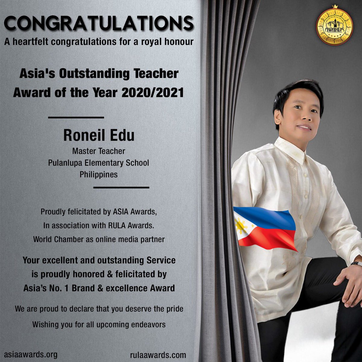 Rula_Awards's tweet photo. !! CONGRATULATIONS !!!
Roneil Edu, Pulanlupa Elementary School, Philippines

Master Teacher Roneil Edu has bagged Asia’s Outstanding Teacher Award of the Year 2020-21 conferred by Asia Awards proudly presented by RULA Awards @roneiledu https://t.co/KJz0FqOK7x
