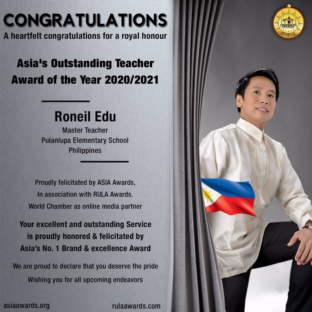 AsiaAwards1's tweet photo. !! CONGRATULATIONS !!!
Roneil Edu, Pulanlupa Elementary School, Philippines

Master Teacher Roneil Edu has bagged Asia’s Outstanding Teacher Award of the Year 2020-21 conferred by Asia Awards proudly presented by RULA Awards @roneiledu https://t.co/jpA9nwsHfB