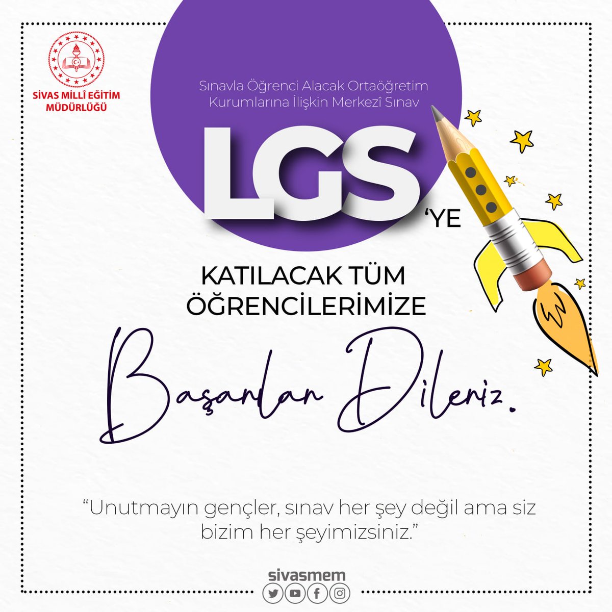 sivasmem's tweet photo. #LGS'ye katılacak tüm öğrencilerimize başarılar dileriz.

@ebubekirsavasci https://t.co/lOJmO4GXyW