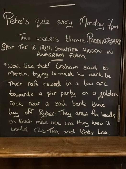 We are VERY excited to have the lovely <a href="/sorelcameron/">Peter Sorel-Cameron</a> back IRL at the Dev this Monday for the return of his lovely quiz! New time of 7:30 and we think the theme is "pubs". Tony didn't make a sign so here's a throwback from the heady days of 2020!