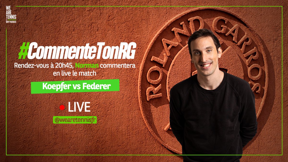 WeAreTennisFR's tweet photo. Ce soir c'est au tour de Roger Federer de passer par la case Night Session à @RolandGarros face à Dominik Koepfer !
Suivez et commentez l'événement en LIVE avec @Normangenius ! #CommenteTonRG
🔴 RDV ici à 20h45 https://t.co/dfkUijzm23